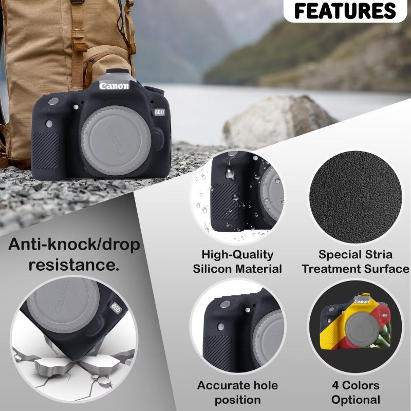 STSEETOP Camera Case for Canon EOS 80D - Silicone Protective DSLR Skin Cover, Detachable Cage, Shockproof, Dustproof (Black) - Image 2